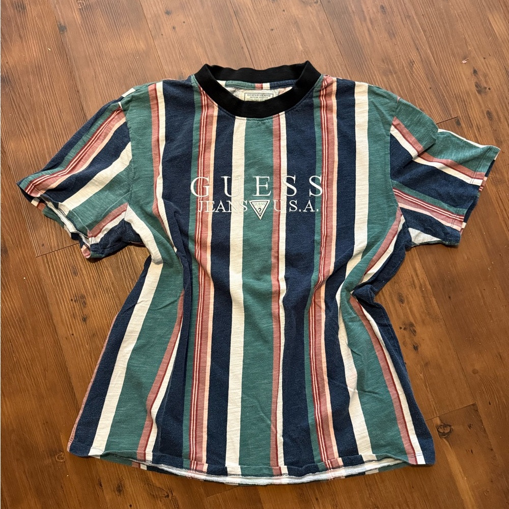 Vintage Men's GUESS Jeans USA striped tee Y2K